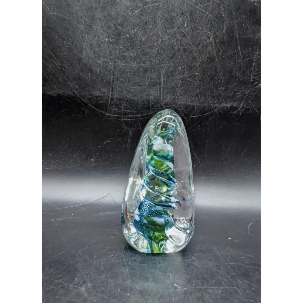 Art Glass Paperweight Clear Dichroic Green Blue Swirl Signed Walter Prince 4"